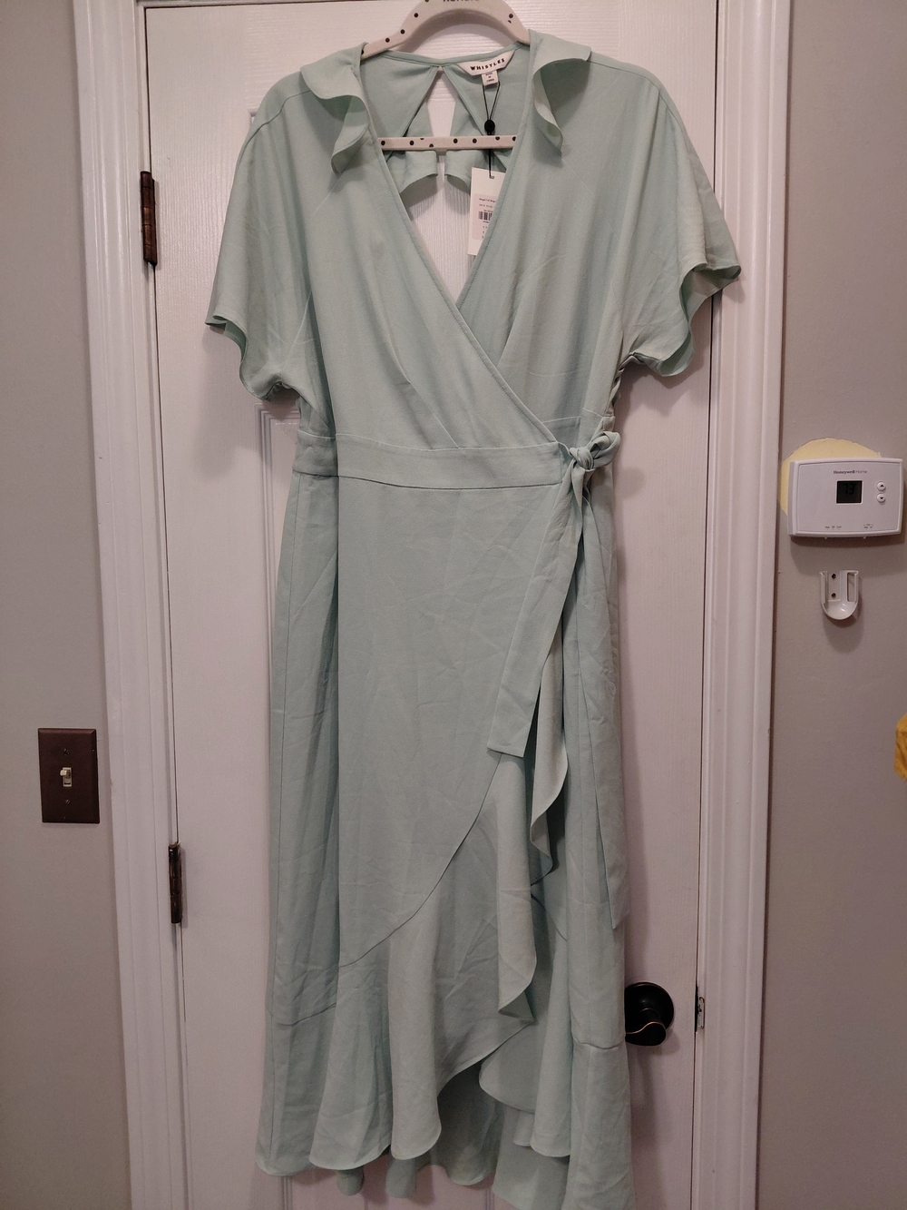 Whistles Mint Green Wrap Midi Dress with Ruffle Hem